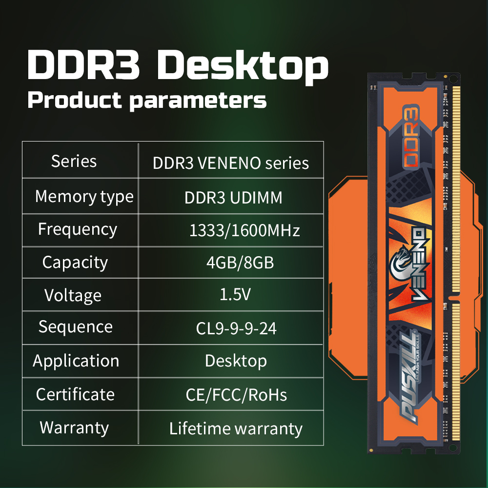 PUSKILL 2GB 4GB 8GB DDR3 DIMM Desktop RAM 1066 1333 1600MHz Standard Memory for Legacy PC & Refurbished Computer Expansion puskill ddr3 1.5v 2gb/4gb/8gb 1333mhz/1600mhz for desktop ram