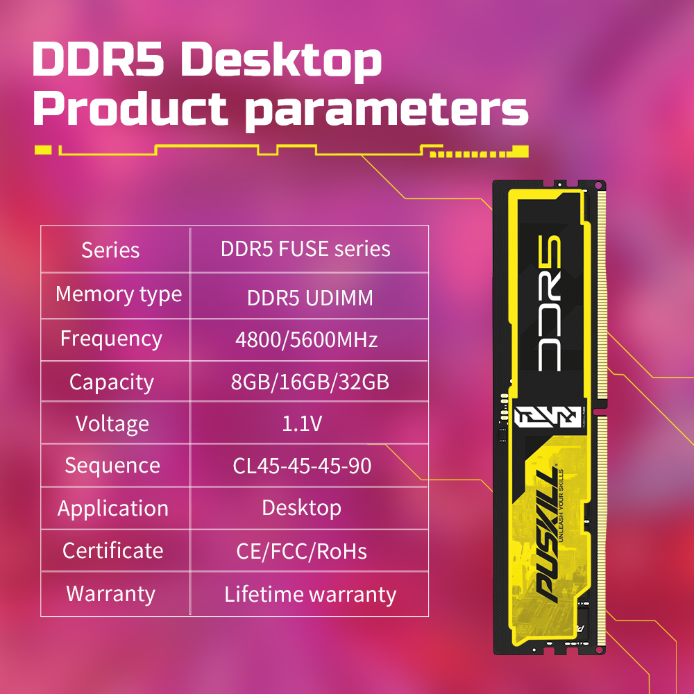 PUSKILL Next Generation DDR5 Desktop Memory Module High Speed RAM for New DIY PC and Host Assembly DDR5 Desktop Memory Module